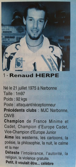Document collector de DèS, le portrait de Renaud Herpe dans l'almanach de l'Arago lors de sa première saison professionnelle (1994-1995)